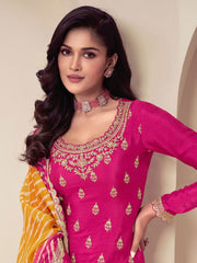 Rani Pink Chinon Silk Sharara Suit with Embroidery and Sequins Work