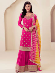 Rani Pink Chinon Silk Sharara Suit with Embroidery and Sequins Work