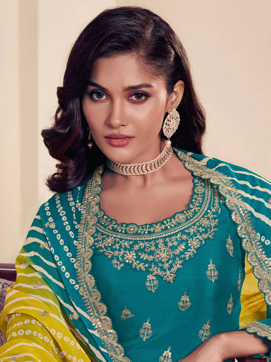 Teal Chinon Silk Sharara Suit with Embroidery and Sequins Work