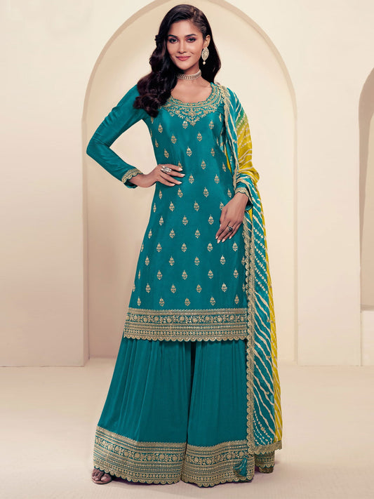 Teal Chinon Silk Sharara Suit with Embroidery and Sequins Work