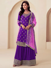 Purple Chinon Silk Sharara Suit with Embroidery and Sequins Work