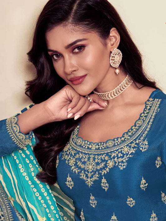 Cerulean Blue Chinon Silk Sharara Suit with Embroidery and Sequins Work
