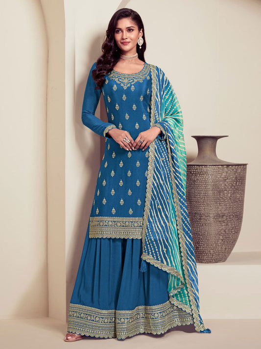 Cerulean Blue Chinon Silk Sharara Suit with Embroidery and Sequins Work