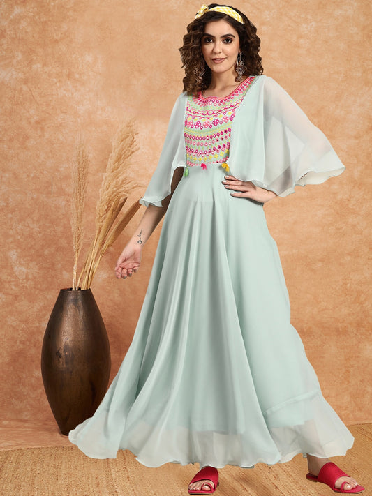 Turquoise Embroidered A-Line Maxi Ethnic Dresses