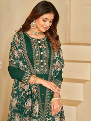 Green Embroidered Festive-Wear Straight-Cut-Suit