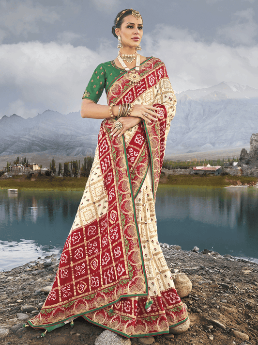 Off White And Green Multi Embroidery Bhandhej Satin Silk Saree