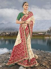 Off White And Green Multi Embroidery Bhandhej Satin Silk Saree