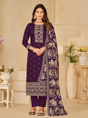 Purple Embroidered Partywear Straight-Cut-Suit