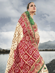 Off White And Green Multi Embroidery Bhandhej Satin Silk Saree