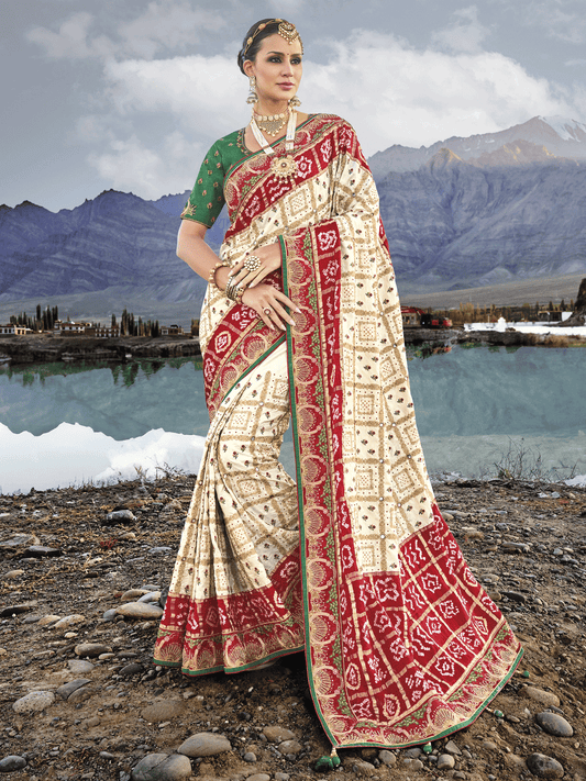 Off White And Green Multi Embroidery Bhandhej Satin Silk Saree