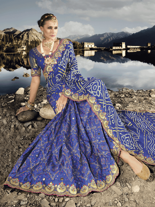 Royal Blue Multi Embroidery Bhandhej Satin Silk Saree