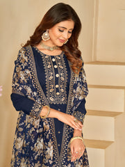 Navy Blue Embroidered Festive-Wear Straight-Cut-Suit