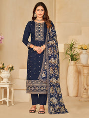Navy Blue Embroidered Festive-Wear Straight-Cut-Suit