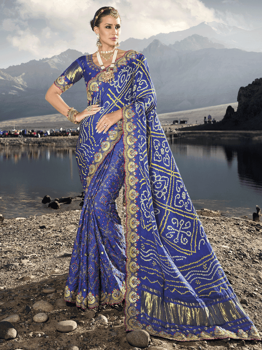 Royal Blue Multi Embroidery Bhandhej Satin Silk Saree