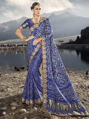 Royal Blue Multi Embroidery Bhandhej Satin Silk Saree