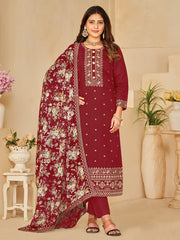 Red Embroidered Partywear Straight-Cut-Suit