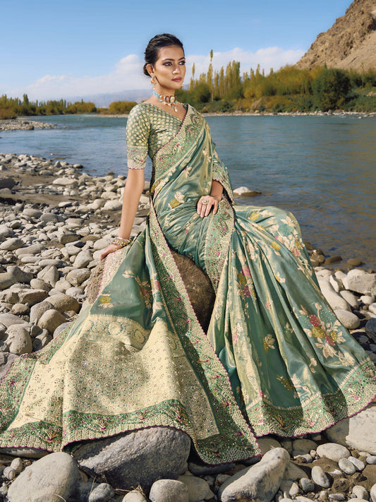 Sea Green Embroidery Banarasi Silk Saree