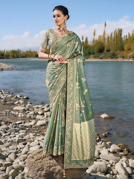 Sea Green Embroidery Banarasi Silk Saree