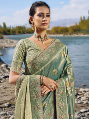 Sea Green Embroidery Banarasi Silk Saree