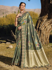 Dark Green Embroidery Banarasi Silk Saree