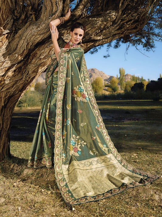 Dark Green Embroidery Banarasi Silk Saree