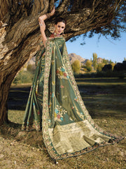 Dark Green Embroidery Banarasi Silk Saree