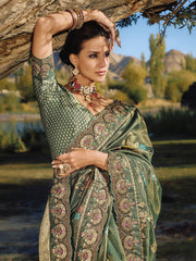 Dark Green Embroidery Banarasi Silk Saree