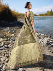 Olive Green Embroidery Banarasi Silk Saree