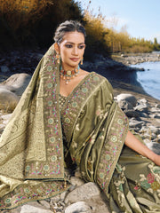 Olive Green Embroidery Banarasi Silk Saree