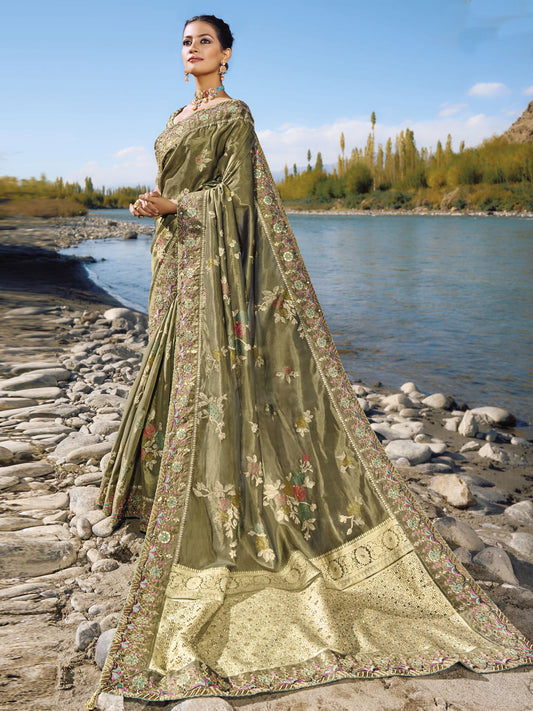 Olive Green Embroidery Banarasi Silk Saree