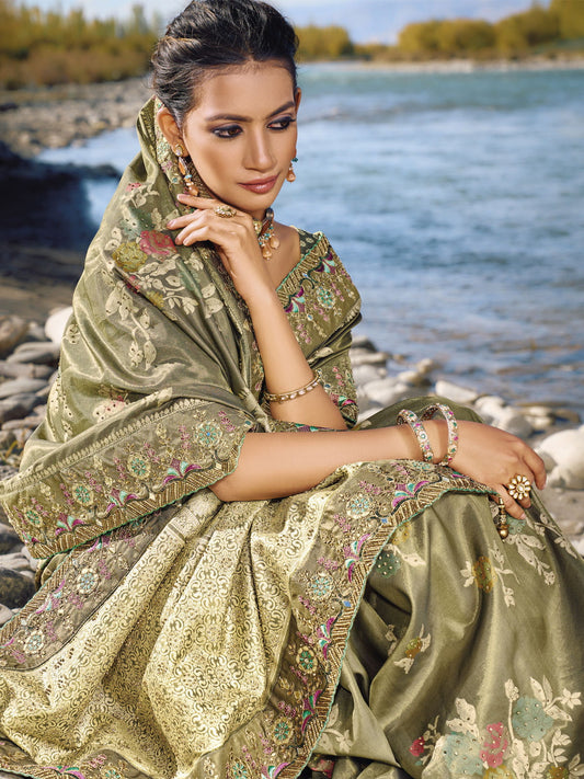 Olive Green Embroidery Banarasi Silk Saree