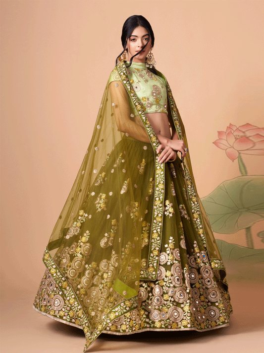 Reception Wear Mehendi Green Mirror Embroidered Soft Net Lehenga Choli