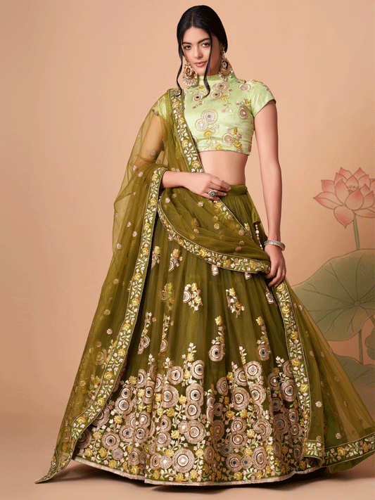 Reception Wear Mehendi Green Mirror Embroidered Soft Net Lehenga Choli