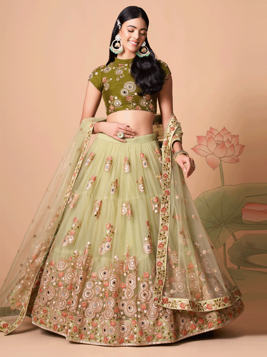Reception Wear Mirror Embroidered Light Green Soft Net Lehenga Choli