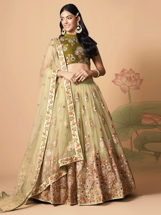 Reception Wear Mirror Embroidered Light Green Soft Net Lehenga Choli