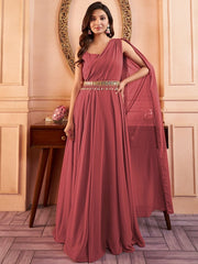Peach Sleeveless Maxi Ethnic Dress With Embellished Belt