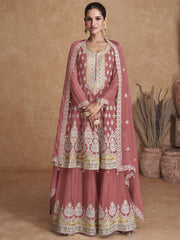 Peach Chinon Embroidered Sharara-Style-Suit