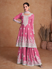 Pink Thread Work Embroidery Wedding Gharara Style Suit