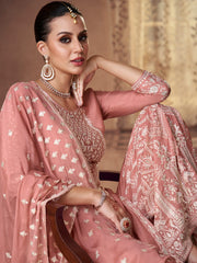 Peach Embroidered Partywear Palazzo-Suit