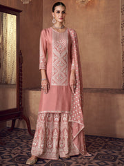 Peach Embroidered Partywear Palazzo-Suit