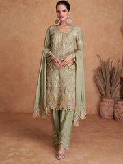 Light Green Embroidered Partywear Straight-Cut-Suit