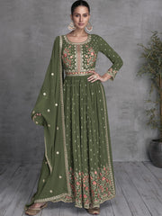 Green Georgette Partywear High-Slit-Style-Suit with Palazzo
