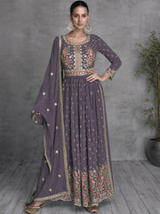 Violet Georgette Partywear High-Slit-Style-Suit with Palazzo