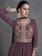 Mauve Georgette Partywear High-Slit-Style-Suit with Palazzo