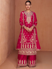 Magenta Embroidered Partywear Palazzo-Suit