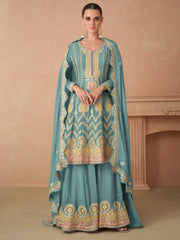 Sky Blue Multi Embroidery Wedding Sharara Suit