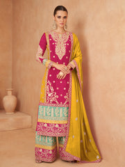 Pink And Yellow Designer Embroidery Palazzo Suit