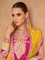 Pink And Yellow Designer Embroidery Palazzo Suit