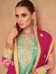 Sea Green And Pink Designer Embroidery Palazzo Suit