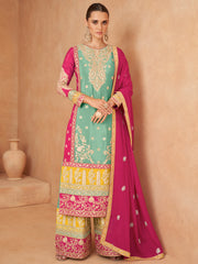 Sea Green And Pink Designer Embroidery Palazzo Suit